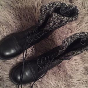 Knit-trim black combat boots